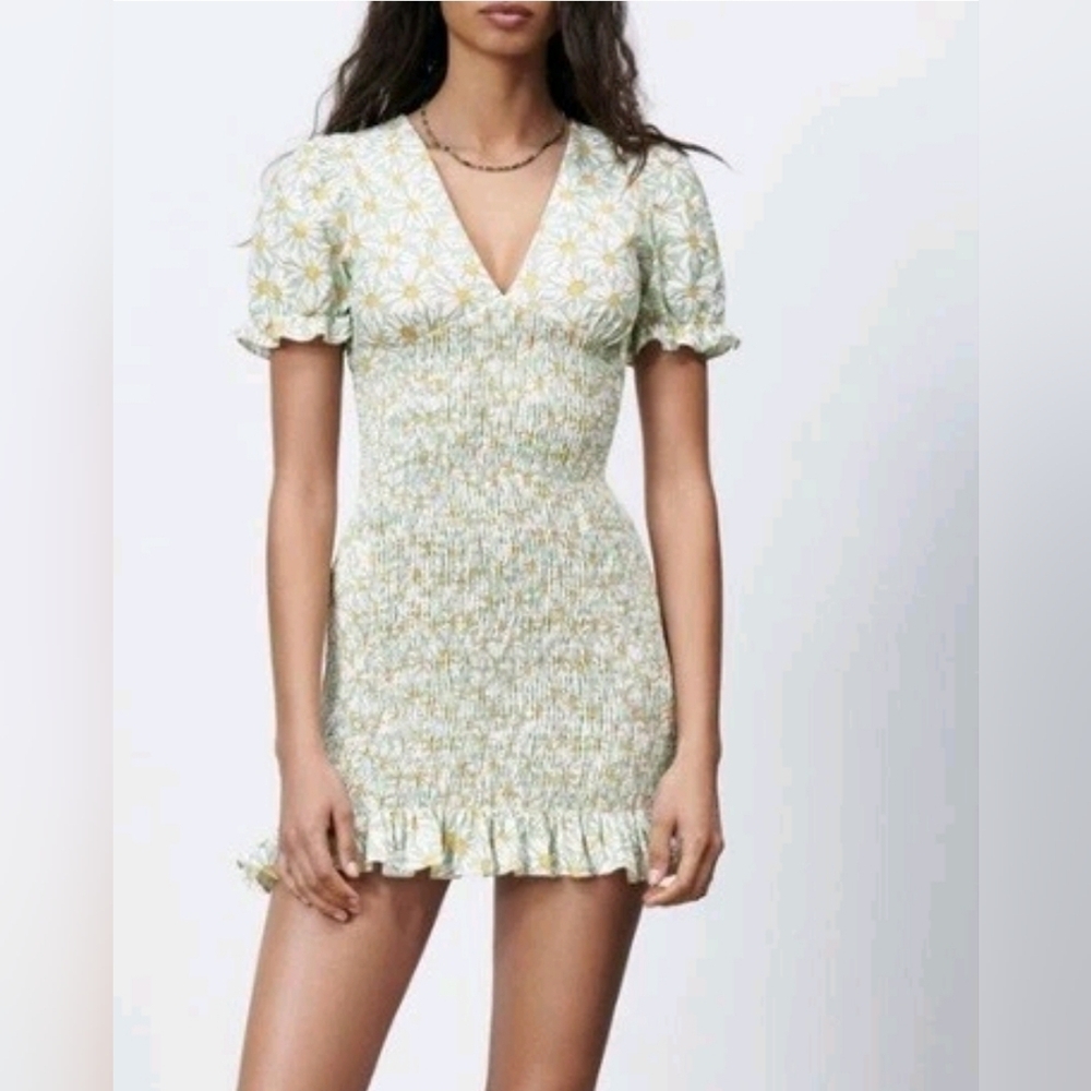 Zara Green Floral Print Linen Blend Dress Smocked size XS NEW